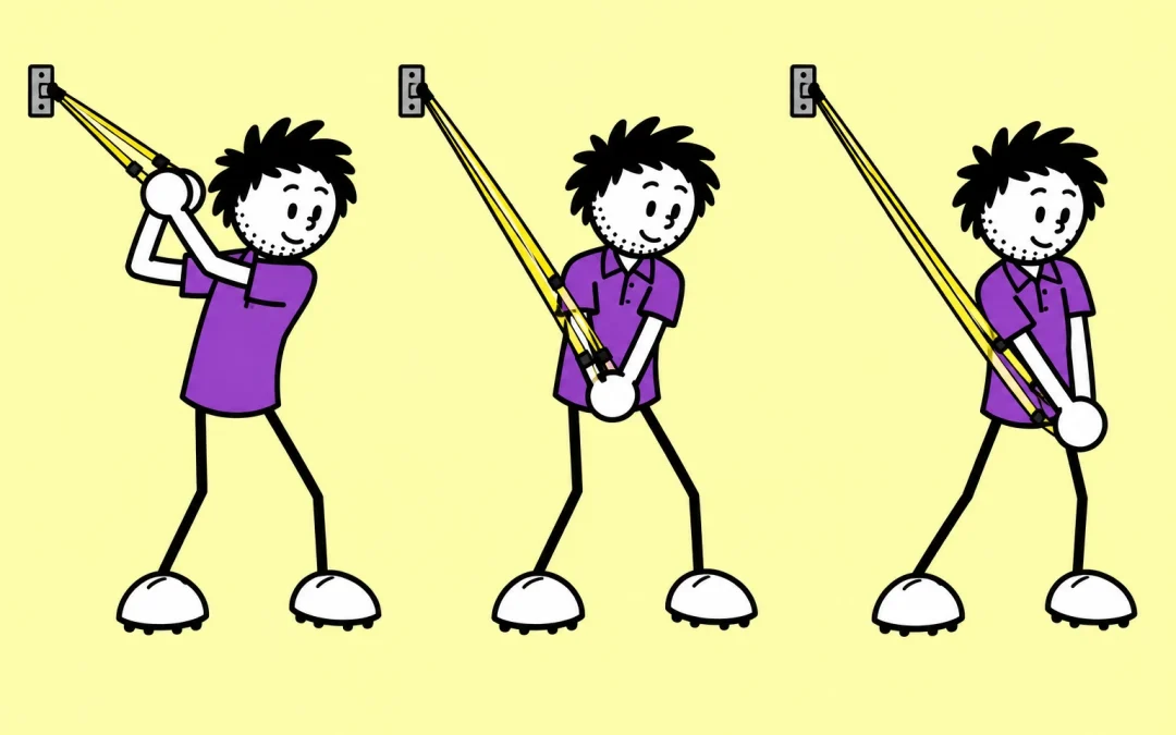 Purple-shirt stick figures demonstrating three band-resisted downswing holds.
