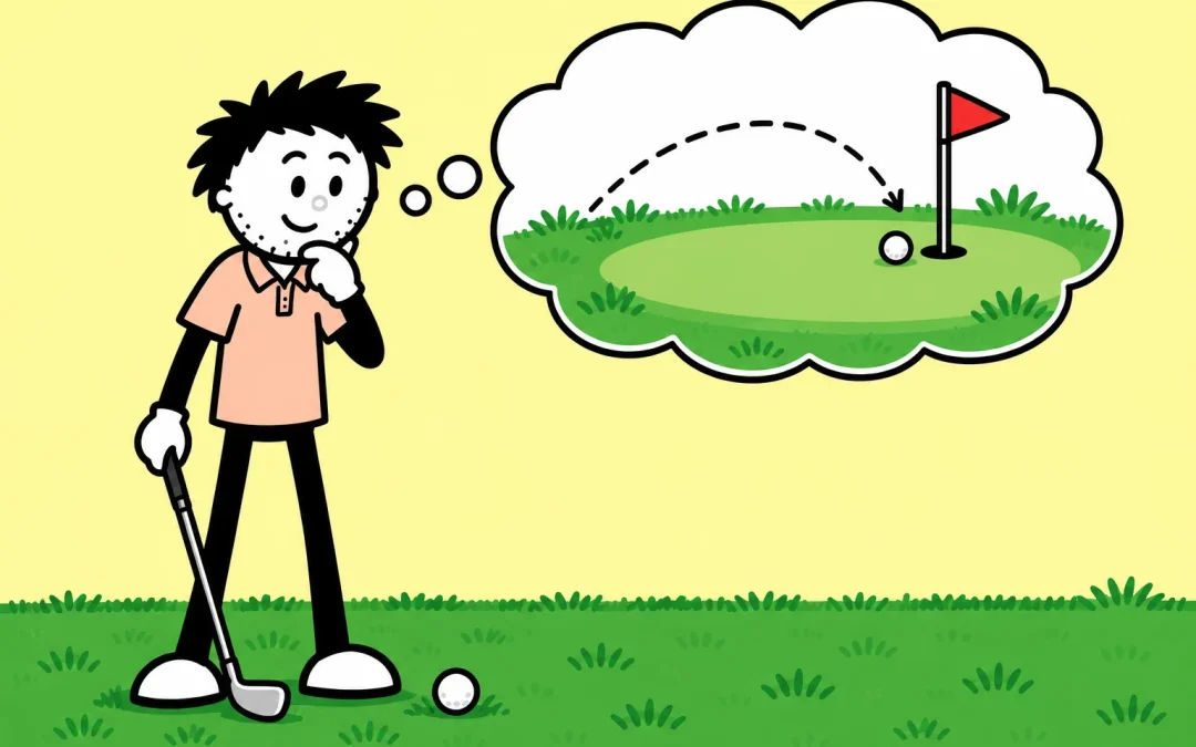 Golfer picturing a shot finishing beside the target.