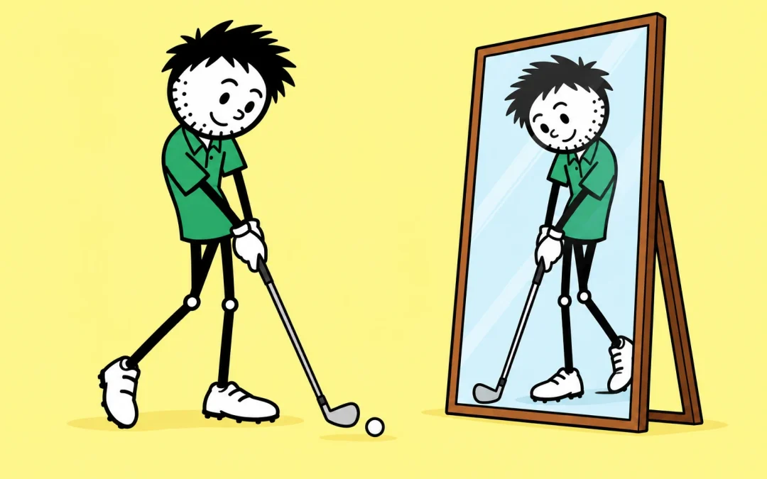 Green-shirted golfer in a classic impact position: weight on the lead side and trail knee moving inward.