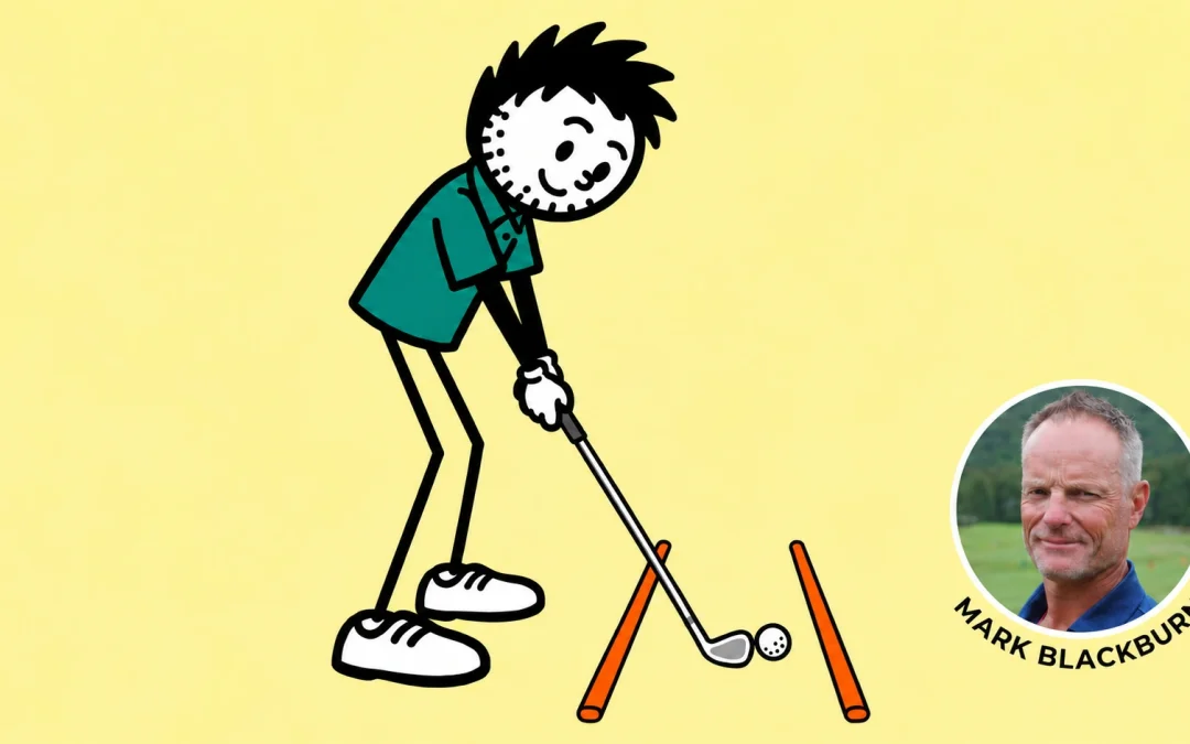 Two-stick alignment drill with Mark Blackburn portrait in a white circle and his name curved beneath