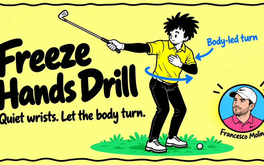 Freeze Hands Drill: George rehearsing with one arm and quieter wrists, beside an illustrated Francesco Molinari portrait.