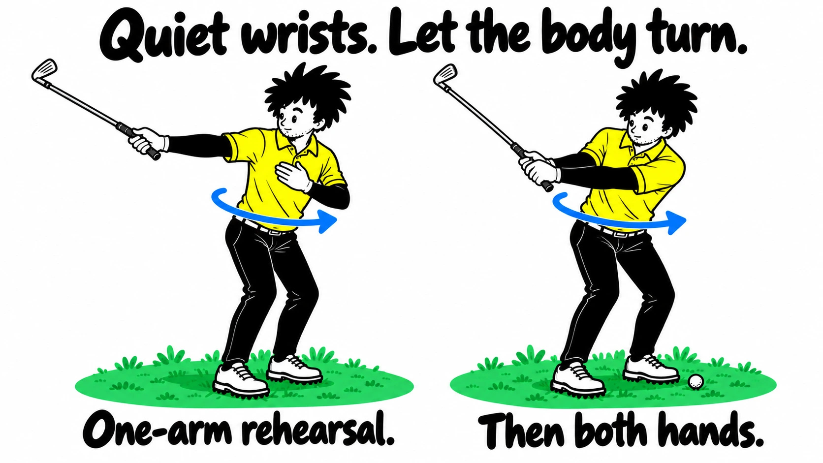 George demonstrating a one-arm rehearsal with the other hand on his chest, followed by a two-handed backswing with quieter wrists.