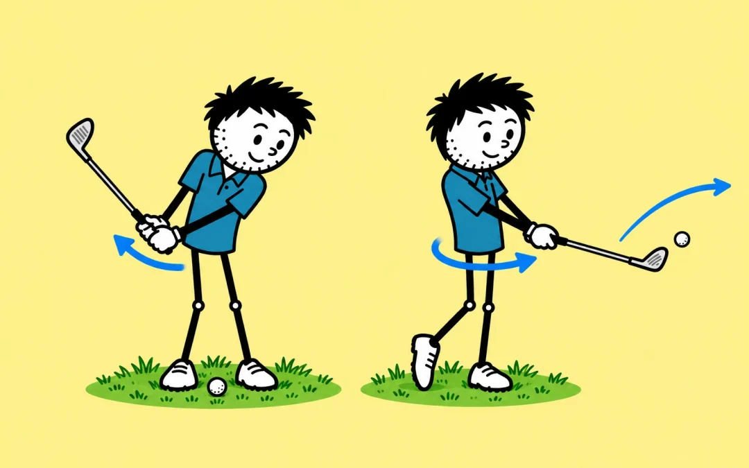 Two blue-shirted golfers demonstrating a compact backswing and body-led wedge finish.