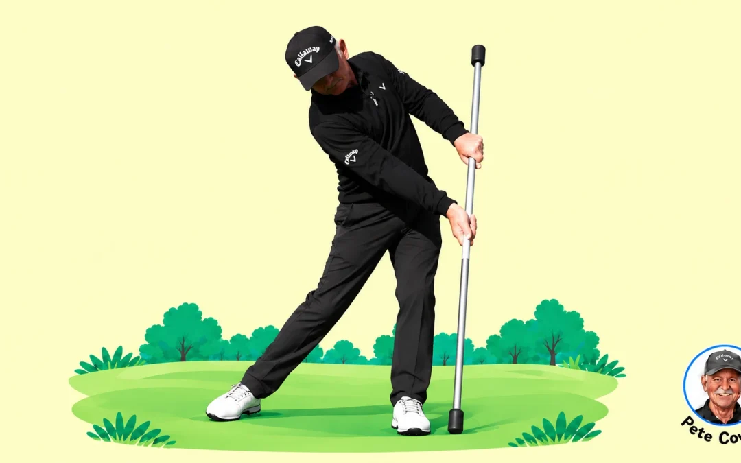 Pete Cowen demonstrating the step 3 position with a nearly vertical pole.