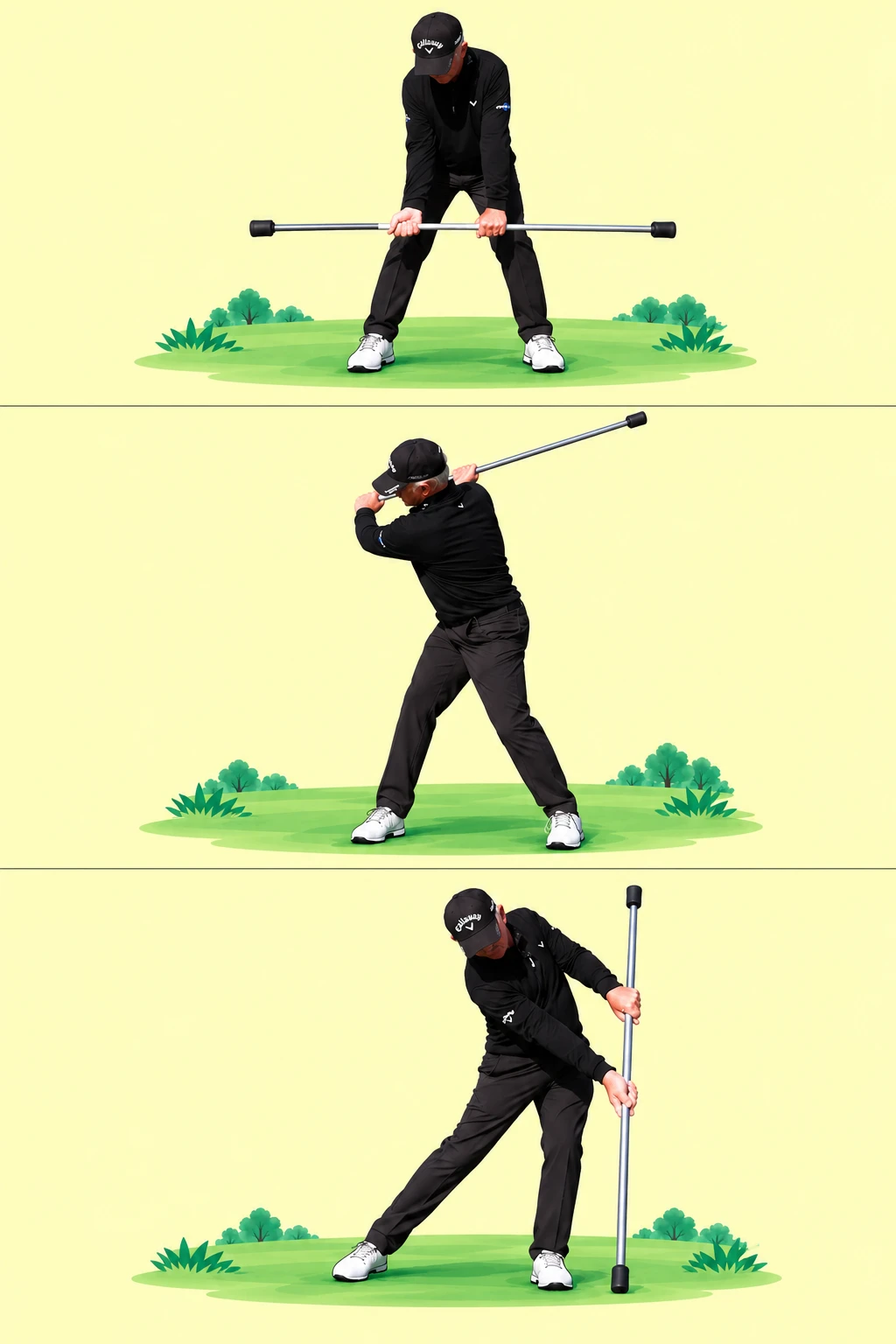 Pete Cowen at setup with hands spaced apart in opposing grip on a horizontal pole.
