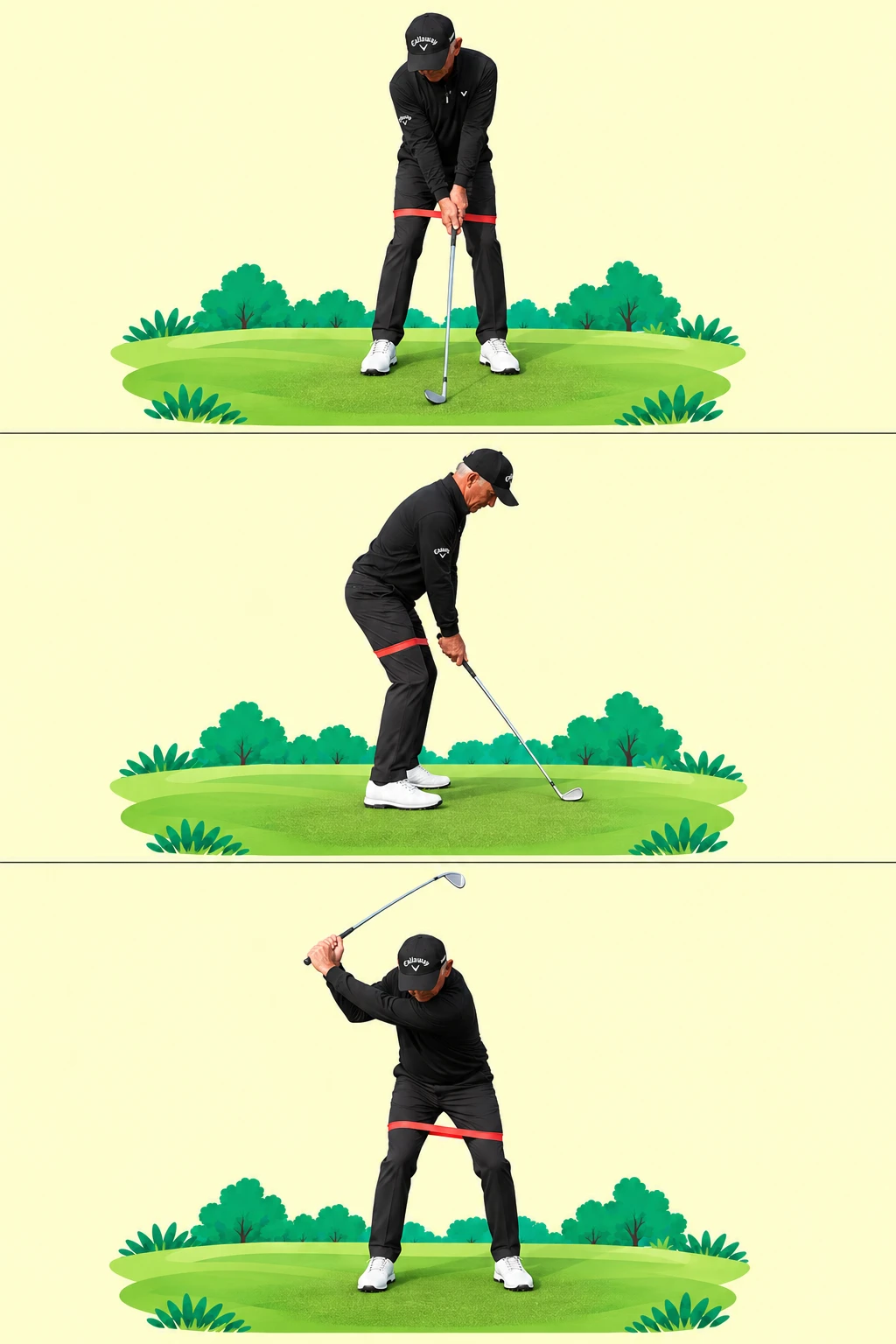 Pete Cowen with a single resistance loop above both knees at address.