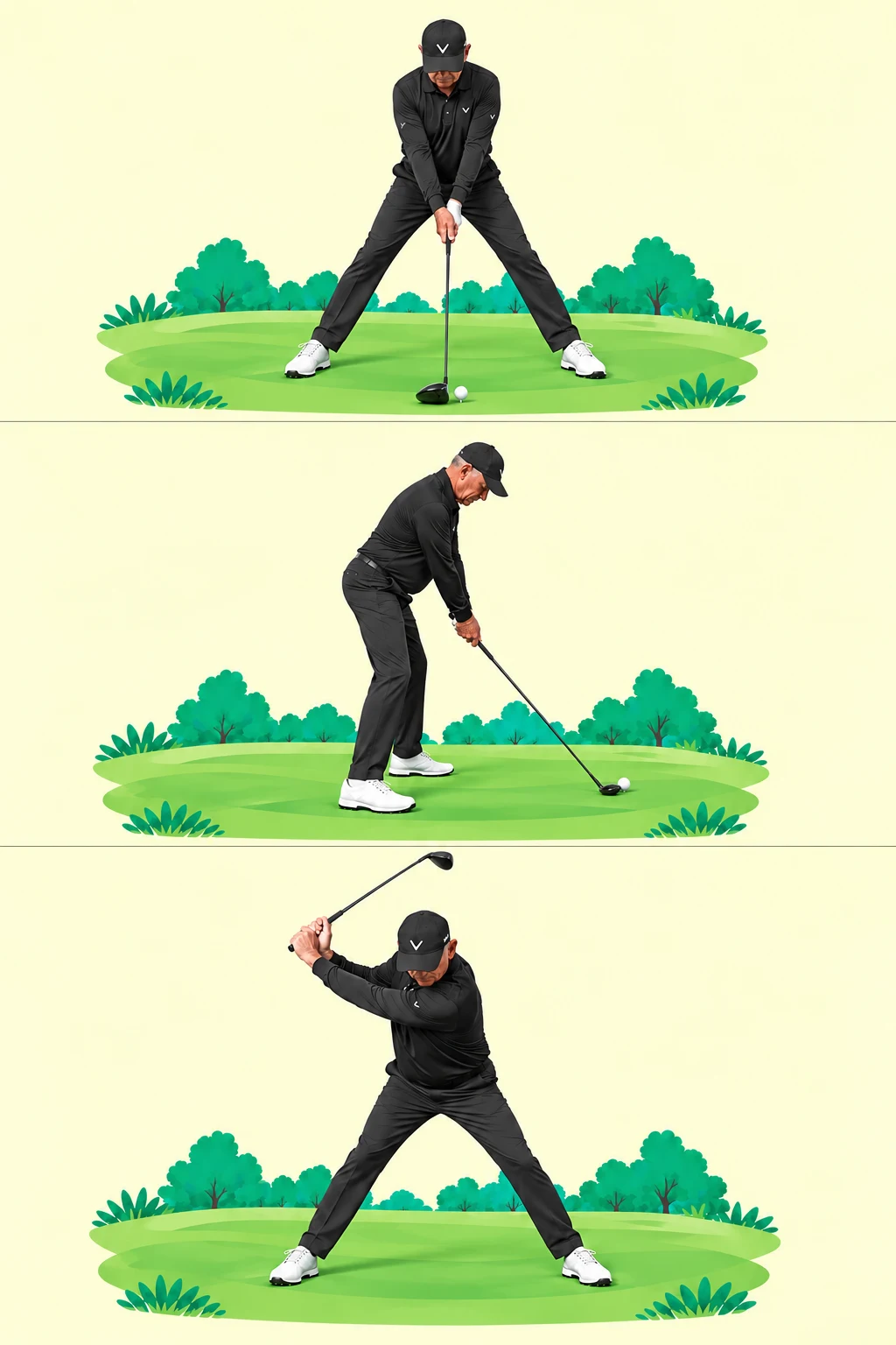 Pete Cowen addressing a golf ball with an exaggerated wide stance.