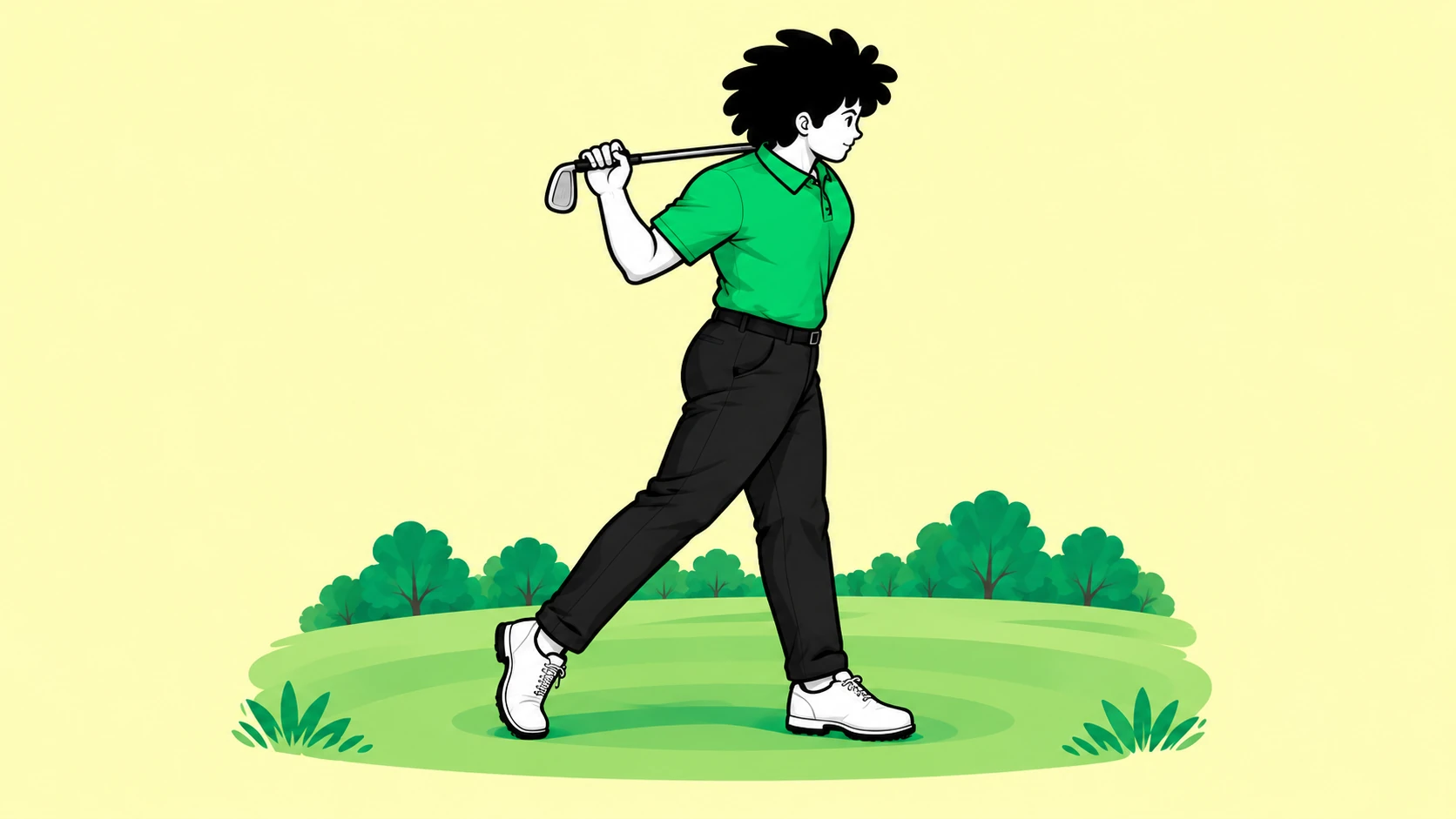 Step 3: right-handed golfer unwinds to face right, with left foot planted and right heel raised.