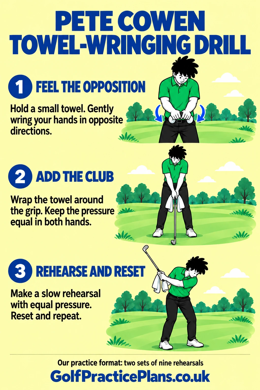 Pete Cowen Towel-Wringing Drill: feel the opposition, add the club, then rehearse and reset.