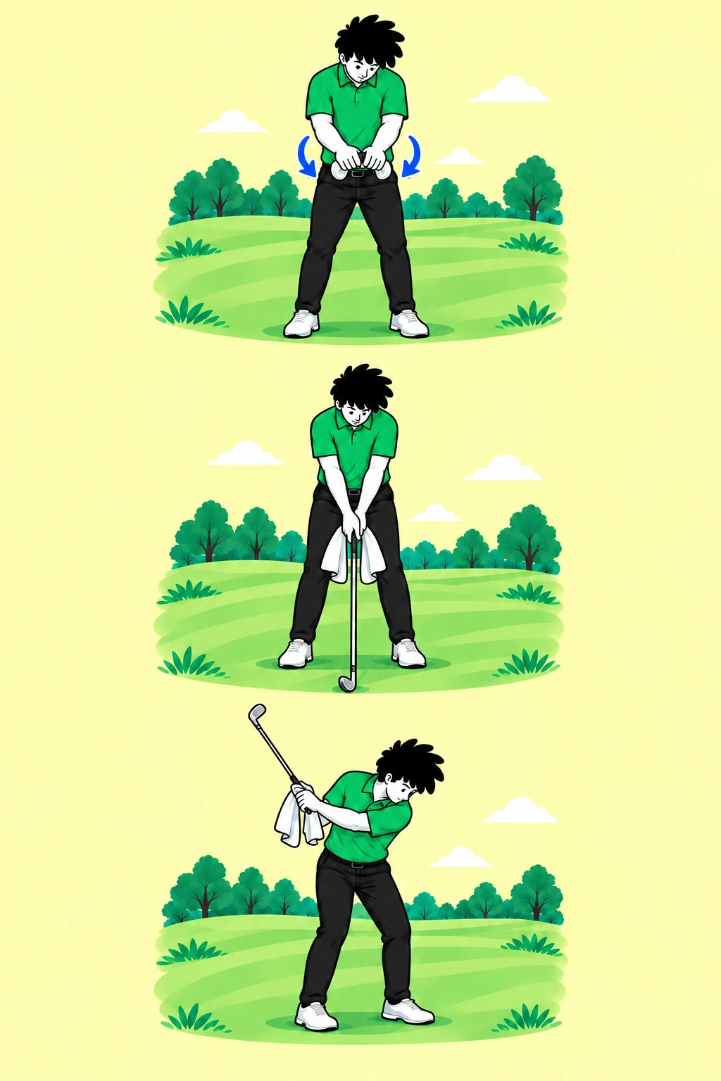 Step 1: golfer gently wringing a small towel with opposing hand pressure.