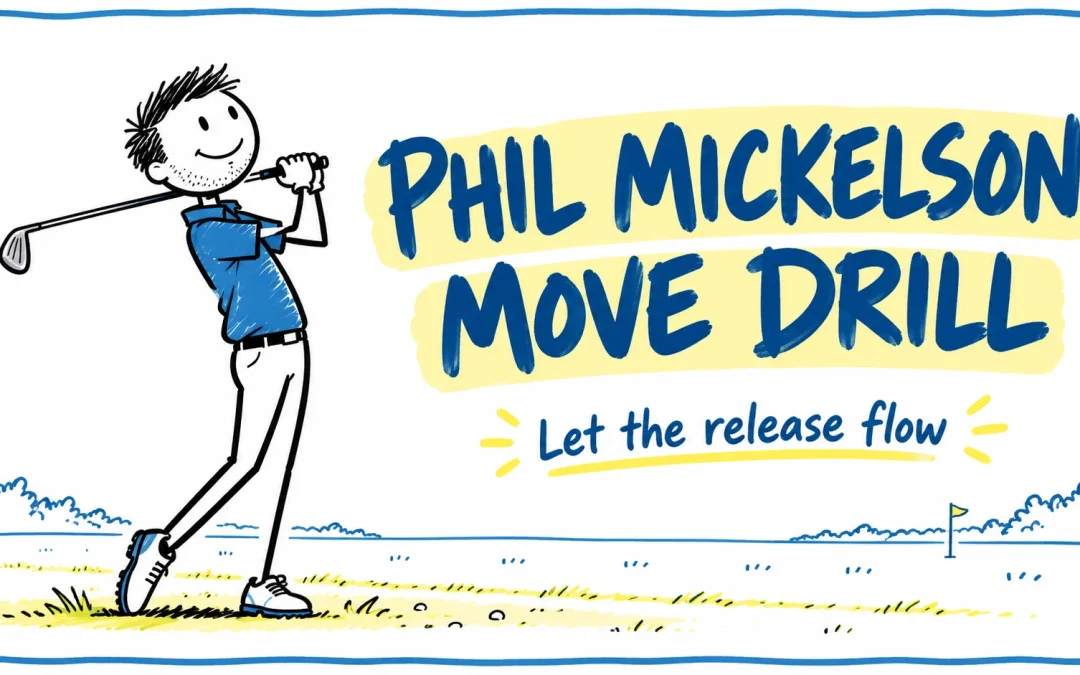 Blue-shirted stick-figure golfer finishing a swing beside the Phil Mickelson Move Drill title