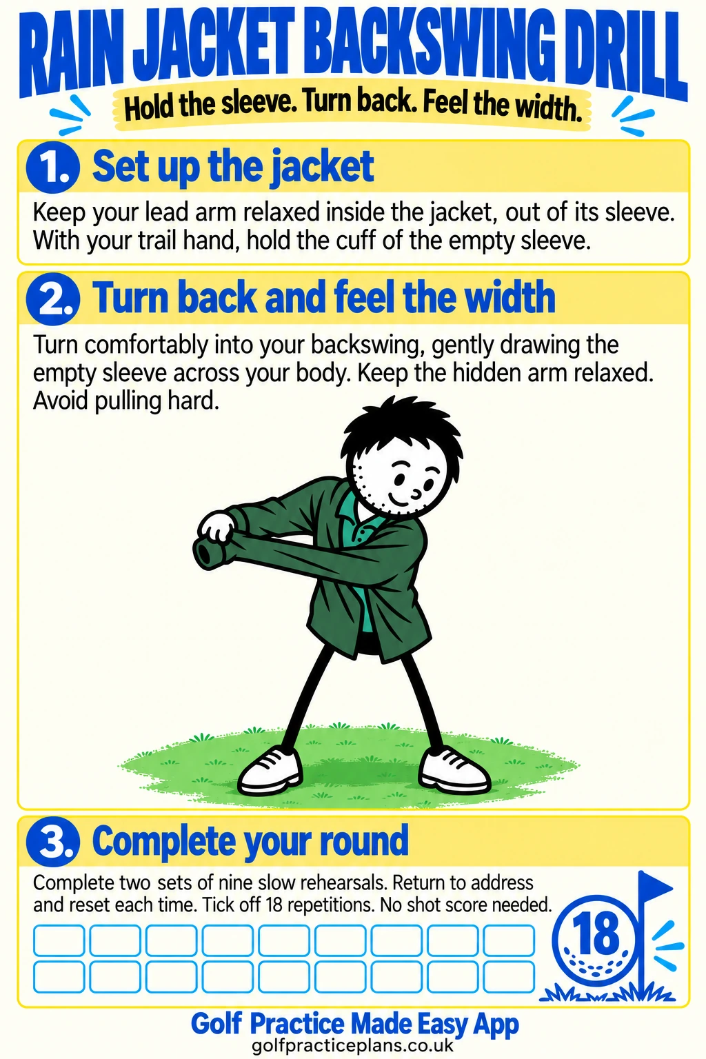Rain Jacket Backswing Drill: hold the empty sleeve, turn back comfortably and complete eighteen rehearsals.
