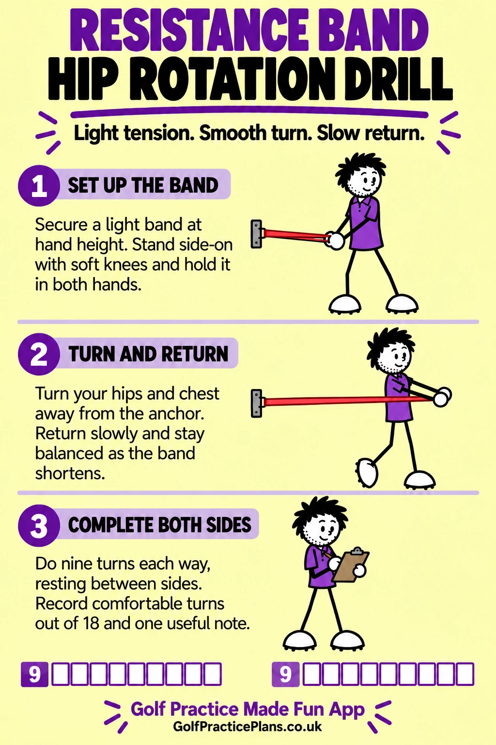 Resistance band hip rotation: set up a light band, turn the hips and chest and complete both directions