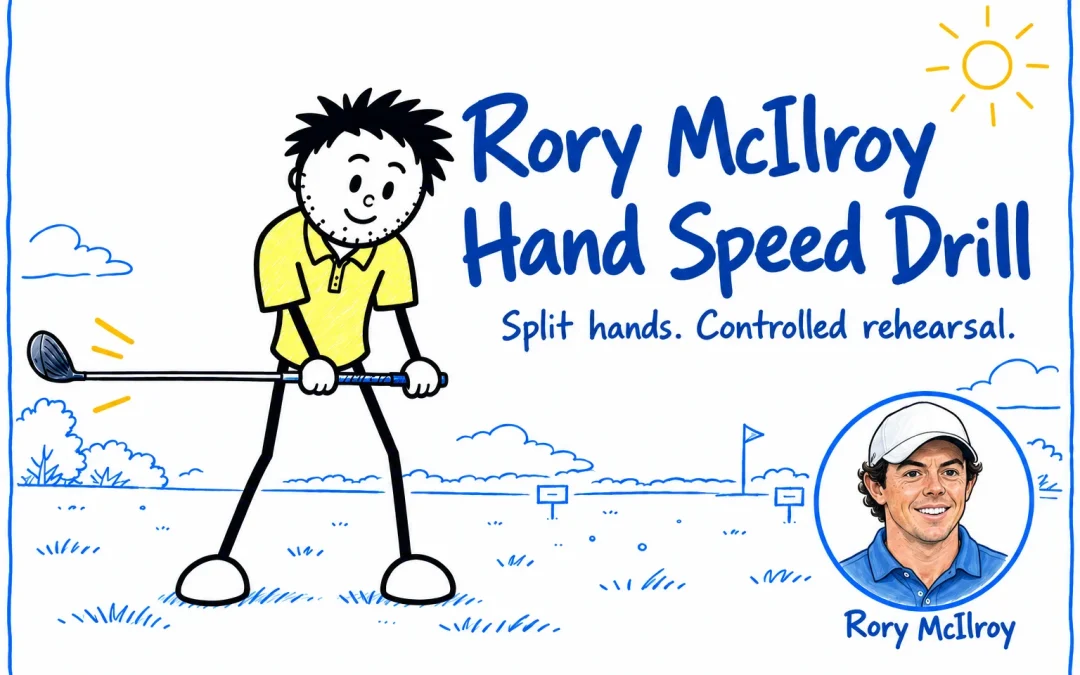 App golfer rehearsing with split hands beside an illustrated portrait of Rory McIlroy.