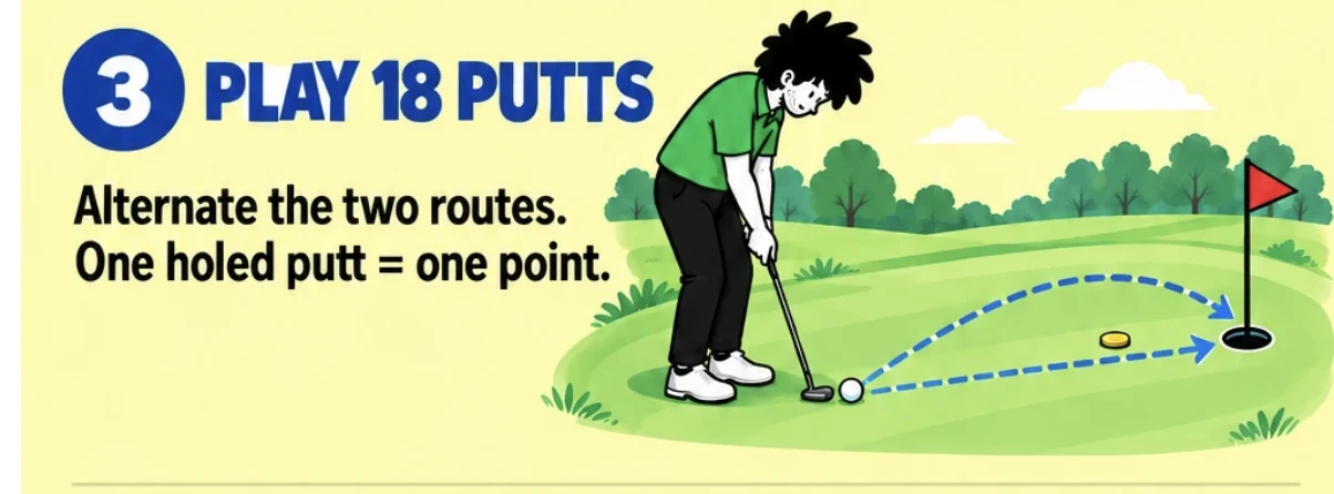 Step 3: alternate the two putting routes around the coin. One holed putt earns one point.