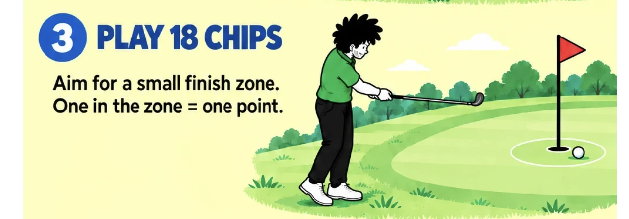 Step 3: play eighteen chips, aiming for a finish zone around the hole, with the right heel slightly raised in the follow-through.