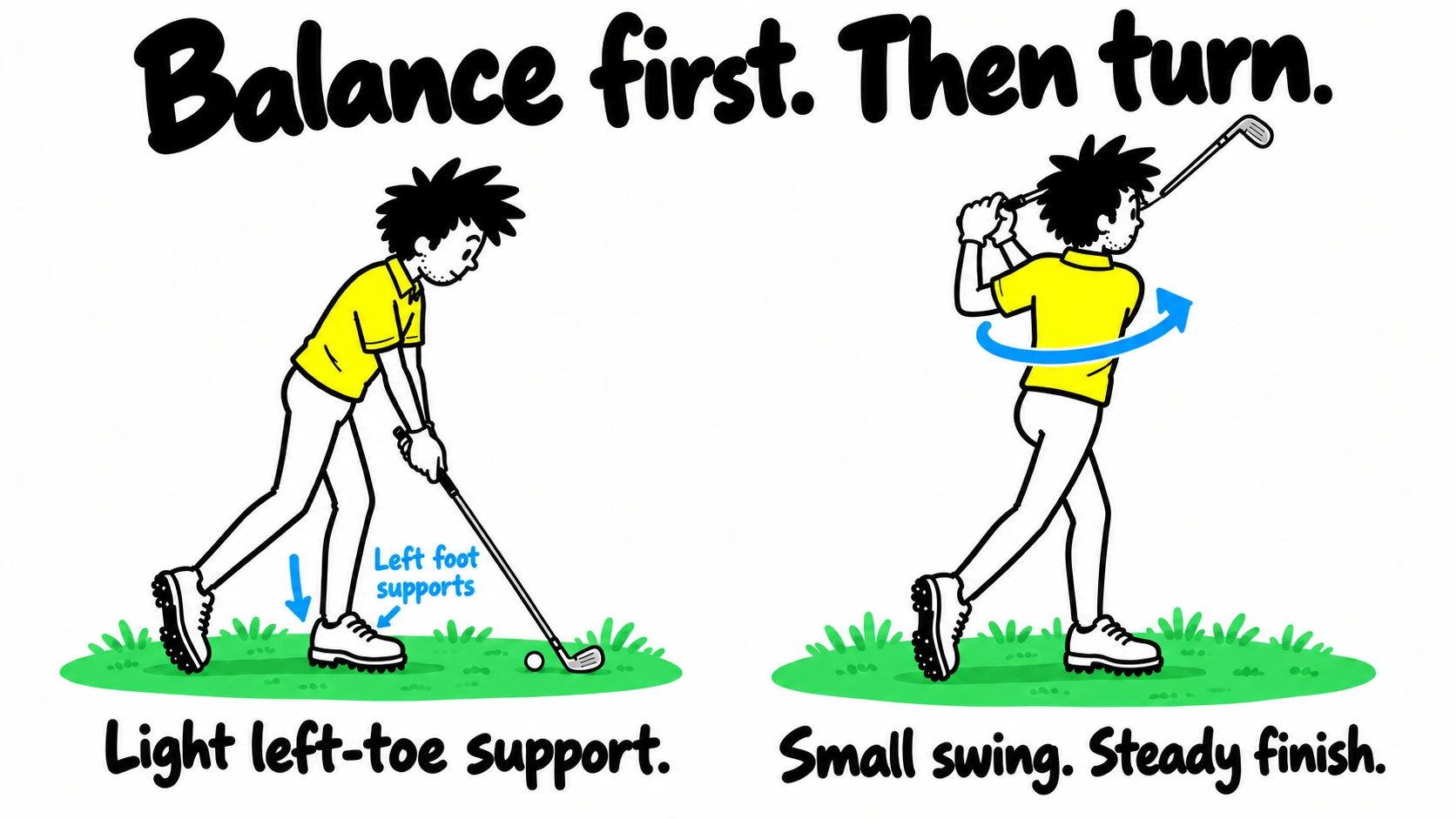 George demonstrating the single-leg drill with thicker legs and the Left foot supports label at the original arrow position.