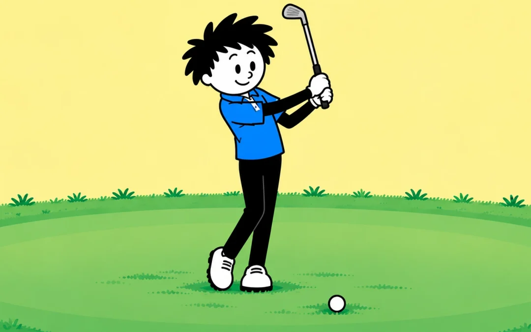Blue-shirted branded golfer making a balanced small iron follow-through on a pale-yellow background.