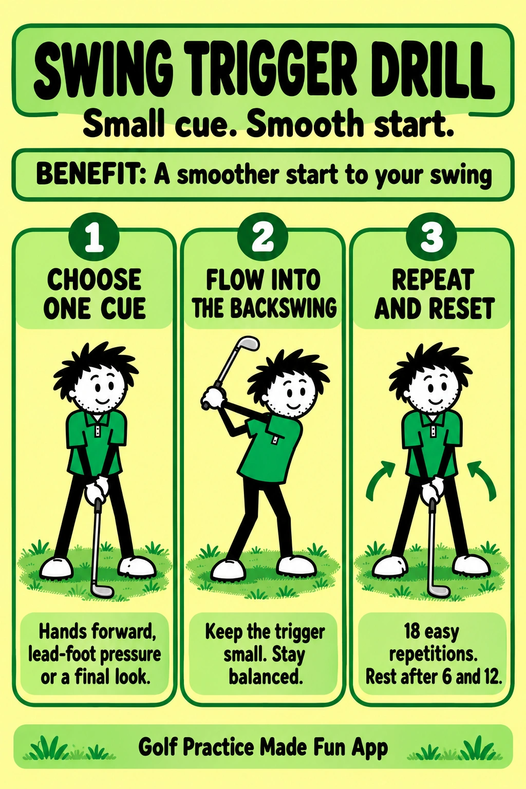 Swing Trigger Drill: choose one small cue, flow into the backswing and repeat eighteen times; benefit: a smoother swing start