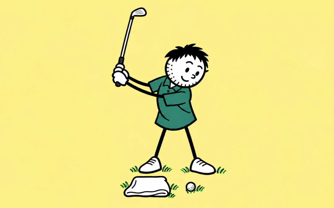 Spiky-haired golfer rehearsing a backswing, with the towel in the foreground beneath the left shoe and ball to its right.