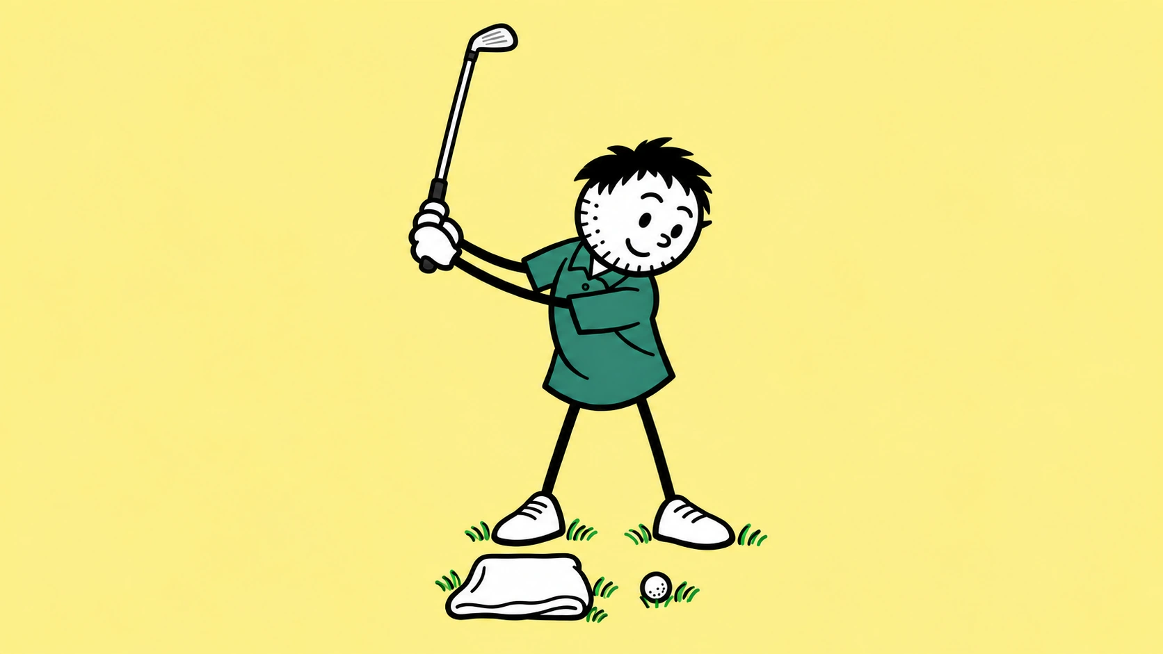 Spiky-haired golfer with black stick arms rehearsing the backswing; the towel sits in front of the left shoe, with the ball to its right.