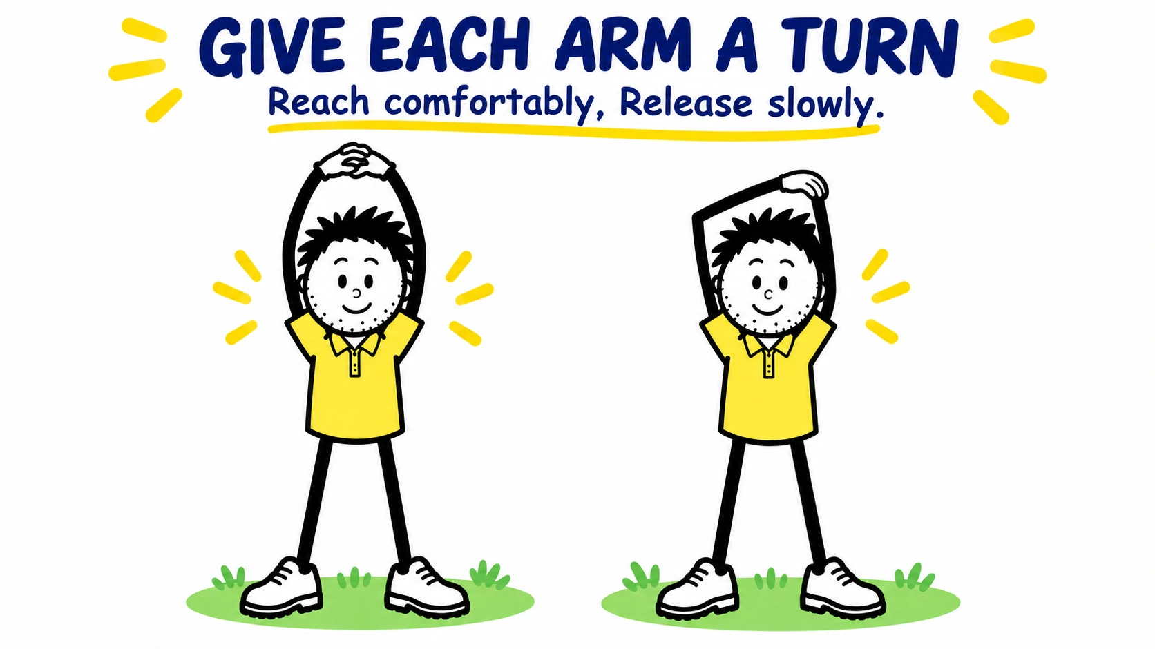 Branded stick golfers demonstrating an overhead reach and a gentle triceps stretch.