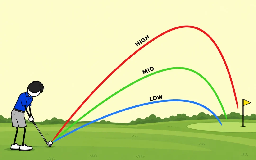 Branded golfer practising high, mid and low wedge trajectories towards a target.